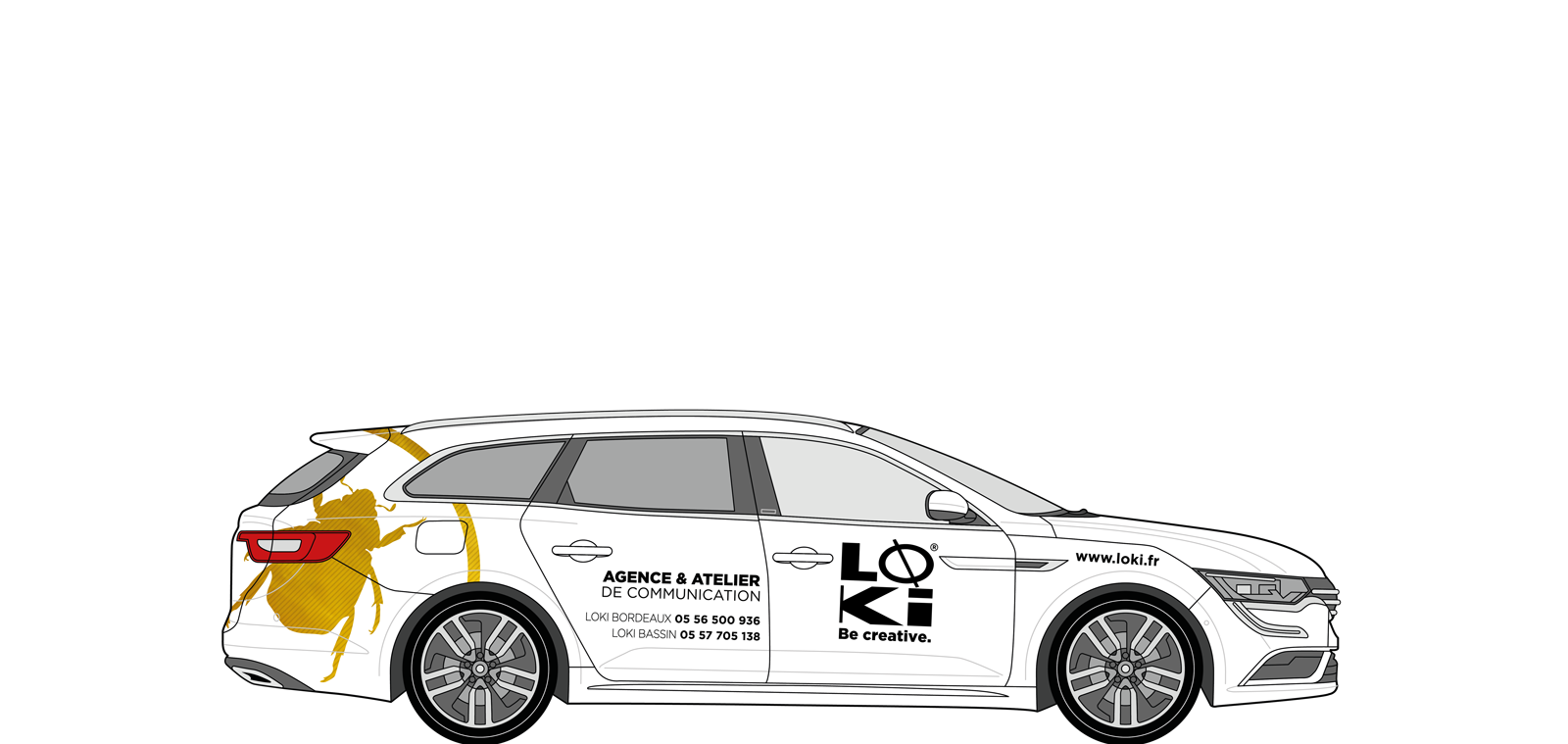 voiture blanche berline tournée vers la droite avec covering noir et jaune scarabée jaune à l'arrière de la voiture et texte et logo noir sur l'avant et sur les flanc.