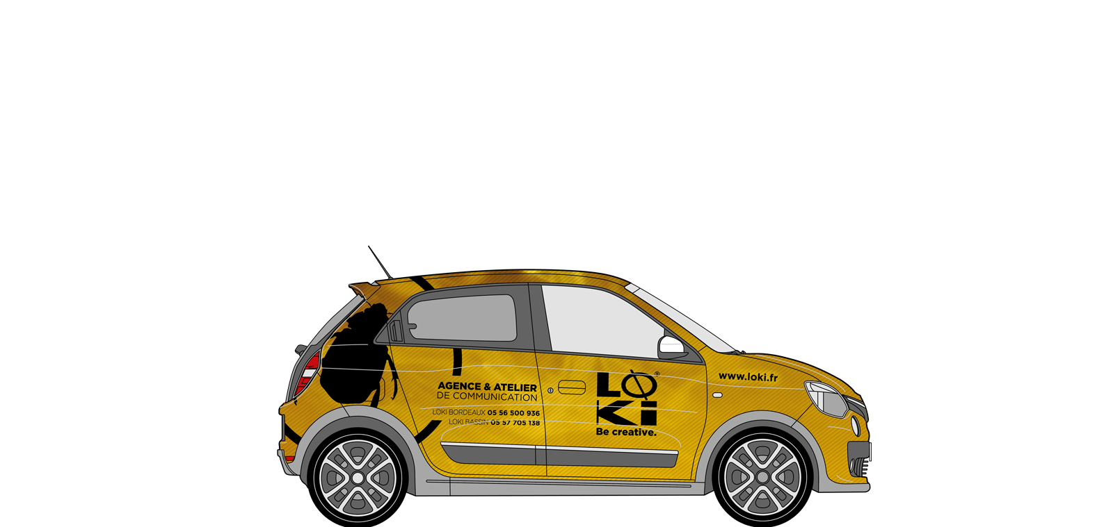 Total covering jaune sur petite voiture avec éléments et logo loki en noir 