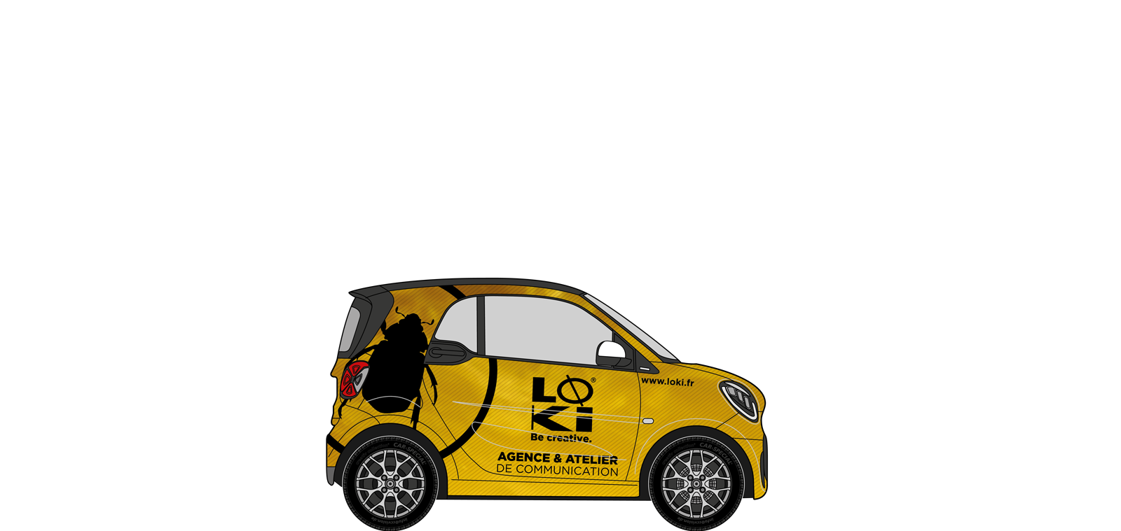 Smart covering total sur la carrosserie jaune avec insecte noir et logo noir 